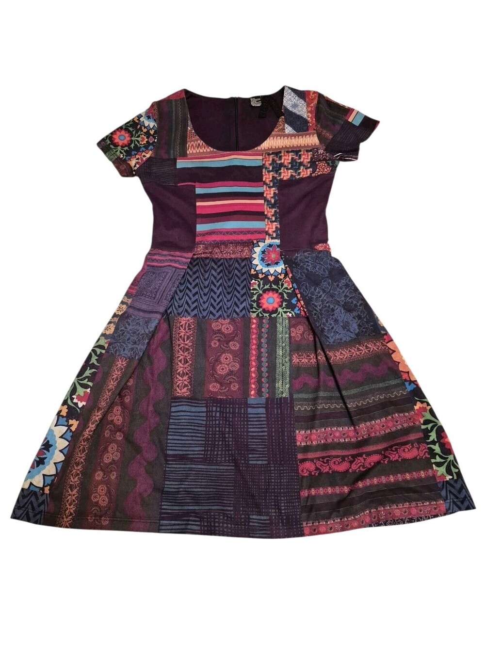Desigual Short Sleeve Floral Patchwork Boho Fit N Flare Tunic Dress Size Small